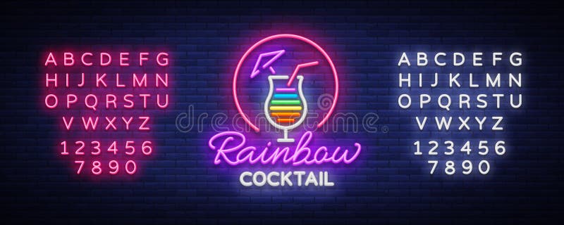 Koktajlu logo w neonowym stylu Tęcza koktajl Neonowy znak, projekta szablon dla napojów, alkoholiczka Lekki sztandar, Jaskrawy ilustracji Koktajlu logo w neonowym stylu Tęcza koktajl Neonowy znak, projekta szablon dla napojów, alkoholiczka Lekki sztandar, Jaskrawy ilustracji