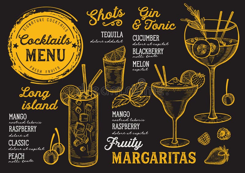 Koktajlu menu dla baru, napoju szablon