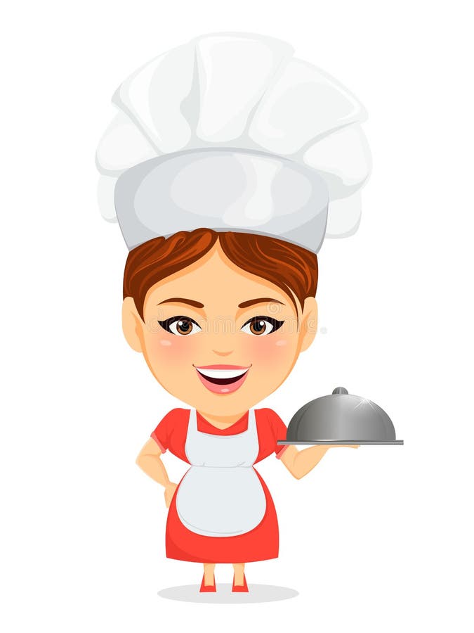 Kokvrouw, vrouwelijke hoofdchef-kok Grappig beeldverhaalkarakter met de grote hoofdglazen kap van het holdingsrestaurant royalty-vrije illustratie Kokvrouw, vrouwelijke hoofdchef-kok Grappig beeldverhaalkarakter met de grote hoofdglazen kap van het holdingsrestaurant royalty-vrije illustratie