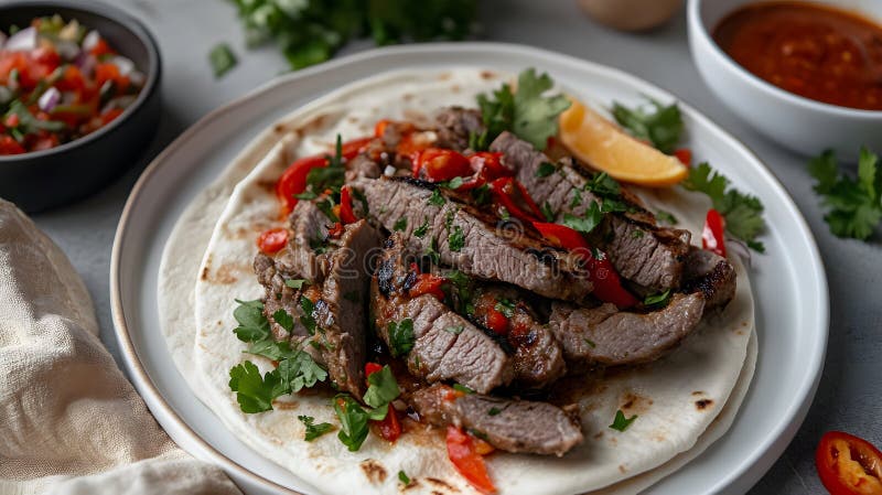 Kolacja kebap serwowana na białej płytce posypanej ciemno czerwonym olejem chili na beżowej obrusie ilustracji