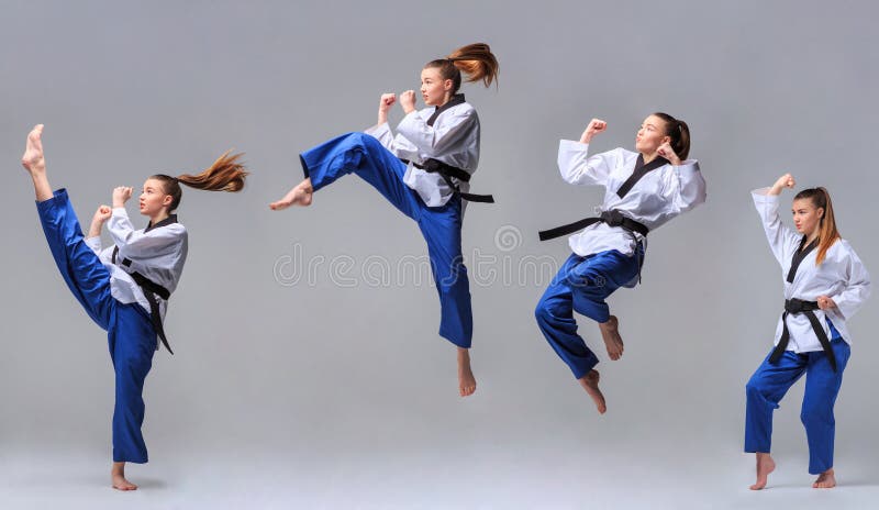Kolaż karate dziewczyna z czarnym paskiem fotografia stock Kolaż karate dziewczyna z czarnym paskiem fotografia stock