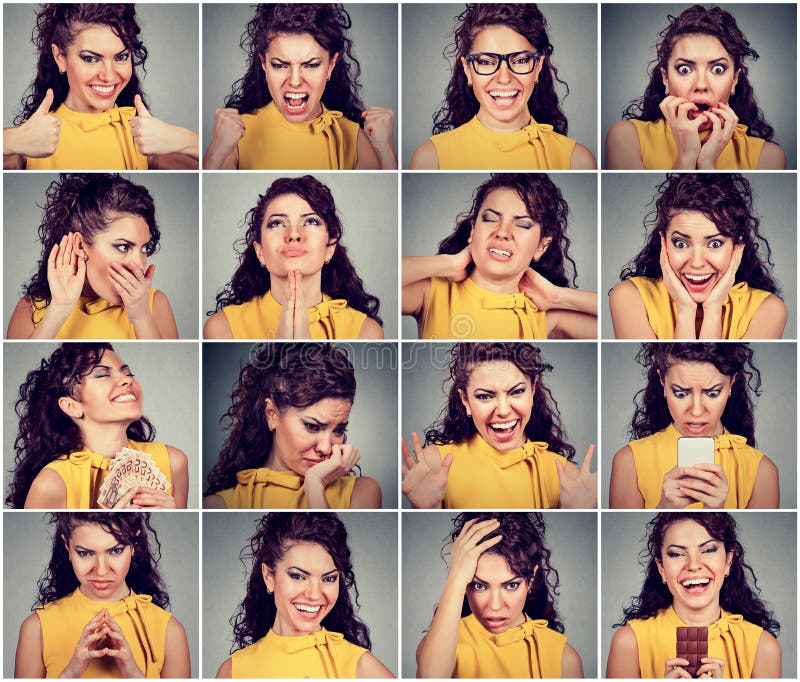 Collage of a young woman expressing different emotions and feelings. Collage of a young woman expressing different emotions and feelings