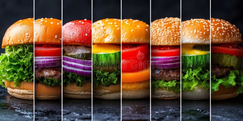 Kolaż Pięciu Pysznych Burgerów Gourmetowych Z Świeżymi Składnikami Na Czarnym Tle. Kolaż Pięciu Pysznych Burgerów Gourmetowych Ze Świeżymi Składnikami Na Czarnym Tle Generowanym Przez AI