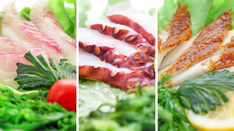 Kolaż różnorodni owoców morza produkty na białym tle zdjęcie stock Kolaż różnorodni owoców morza produkty na białym tle zdjęcie stock