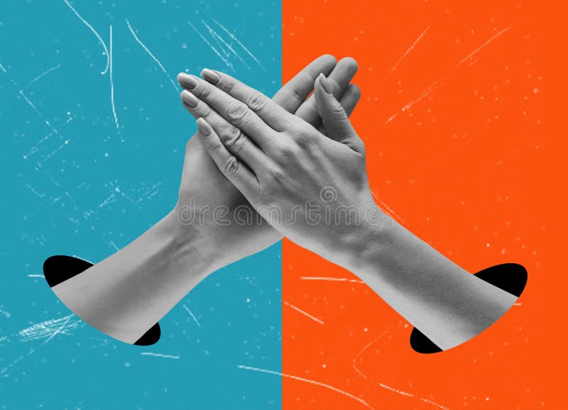Art collage, holding women's hands on blue orange background. The concept of friendship and harmony. Art collage, holding women's hands on blue orange background. The concept of friendship and harmony