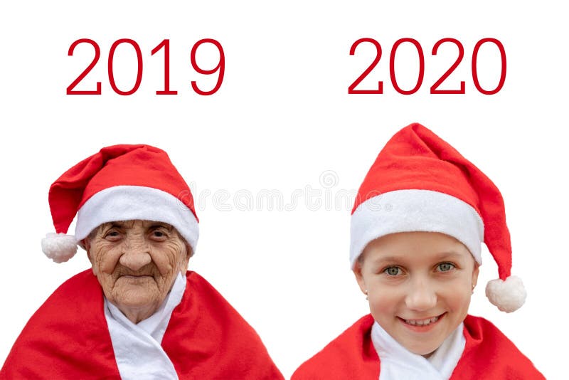 Kolaż świąteczny Starsza kobieta w santa claus hat jako symbol wychodzących 2019 Dziecko w santa claus hat jako symbol zdjęcia royalty free Kolaż świąteczny Starsza kobieta w santa claus hat jako symbol wychodzących 2019 Dziecko w santa claus hat jako symbol zdjęcia royalty free