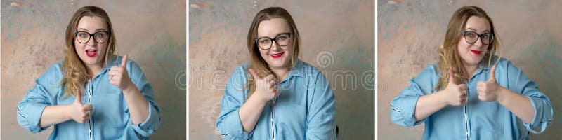 Kolażu portret atrakcyjny plus rozmiar w szkło kobiecie ma pozytyw, radość i niespodziankę emocji, obrazy stock Kolażu portret atrakcyjny plus rozmiar w szkło kobiecie ma pozytyw, radość i niespodziankę emocji, obrazy stock