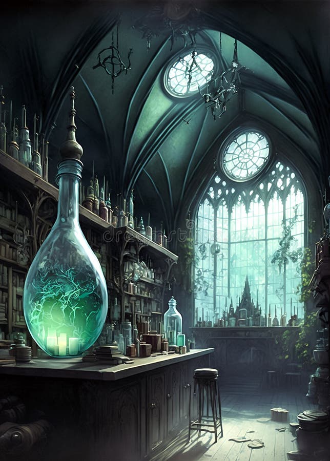 Kolba biurowa czarnych czarodziejów laboratorium alchemików z eliksirem ilustracja wektor
