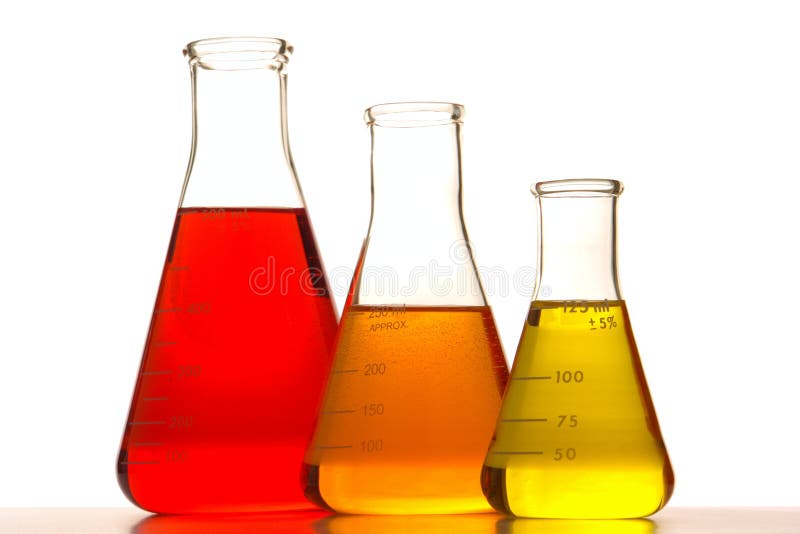 Laboratory glass conical Erlenmeyer flasks filled with red and yellow liquid chemical and orange color solution for an experiment in a science research lab. Laboratory glass conical Erlenmeyer flasks filled with red and yellow liquid chemical and orange color solution for an experiment in a science research lab