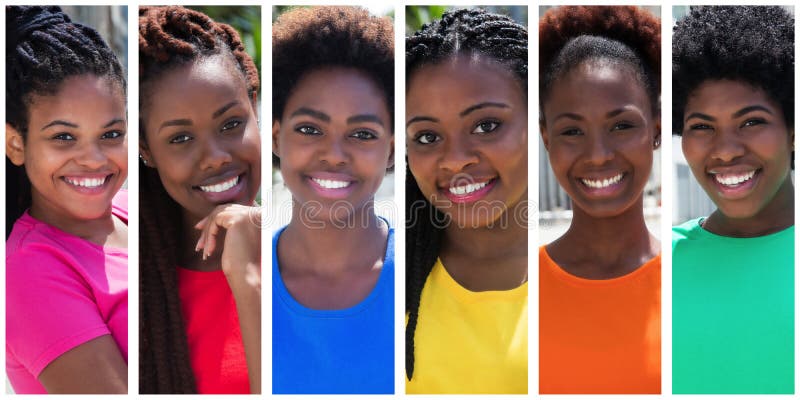 Collection of 6 beautiful african american women laughing at camera in colorful shirts. Collection of 6 beautiful african american women laughing at camera in colorful shirts