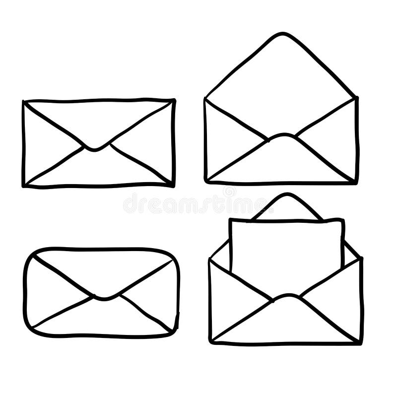 Kolekcja ikon poczty, otwarte i zamknięte koperty, symbol e-mail styl rysowania karykatury w stylu lodu narysowanego ręcznie