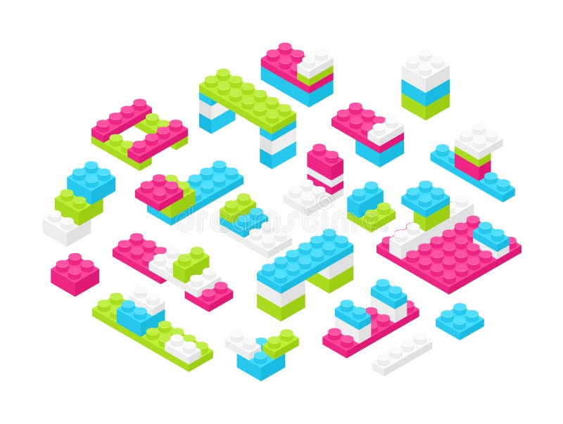 Kolekcja isometric kolorowy plastikowy konstruktor wyszczególnia lub kawałki odizolowywający na białym tle Łączyć zabawkę ilustracja wektor Kolekcja isometric kolorowy plastikowy konstruktor wyszczególnia lub kawałki odizolowywający na białym tle Łączyć zabawkę ilustracja wektor