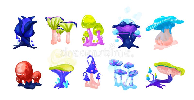 Kolekcja kolorowa magiczna bajka rozrasta się dorośnięcie w zaczarowany lasowym Ustawiającym egzotyczny naturalny fantazja projek royalty ilustracja Kolekcja kolorowa magiczna bajka rozrasta się dorośnięcie w zaczarowany lasowym Ustawiającym egzotyczny naturalny fantazja projek royalty ilustracja