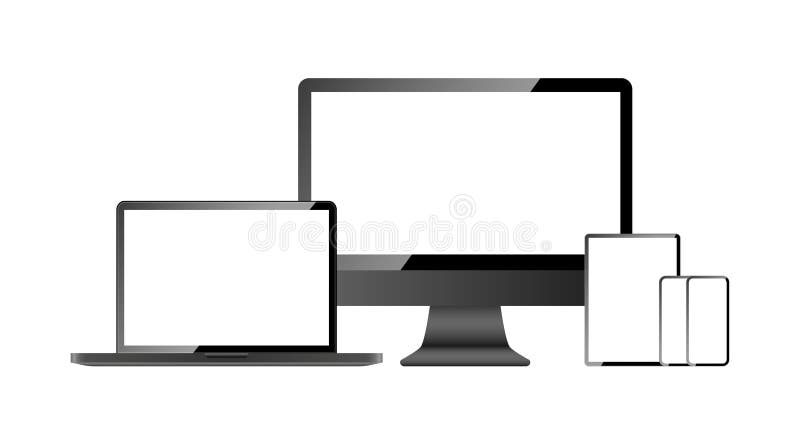 Devices screen mockup collection. Computer screen, laptop, tablet and mobile phone, isolated on white background. Devices with blank screen in realistic design. Vector illustration. Devices screen mockup collection. Computer screen, laptop, tablet and mobile phone, isolated on white background. Devices with blank screen in realistic design. Vector illustration