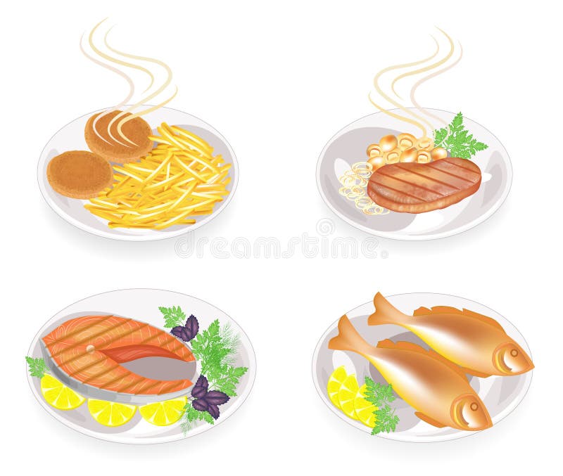 Kolekcja Na talerzu smażący cutlets, stek, ryba, mięso Garniruje grule, pieczarki, cytrynę, zielenie, pietruszki koper i basila, ilustracja wektor Kolekcja Na talerzu smażący cutlets, stek, ryba, mięso Garniruje grule, pieczarki, cytrynę, zielenie, pietruszki koper i basila, ilustracja wektor
