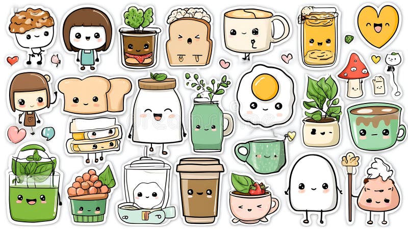 Kolekcja naklejek Kawaii Pixel Art zawierających słodkie napoje spożywcze i znaki ilustracji