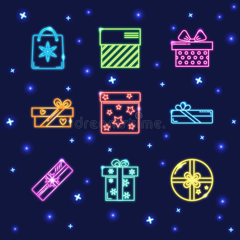 Kolekcja neonowe prezenta pudełka ikony ilustracji Kolekcja neonowe prezenta pudełka ikony ilustracji