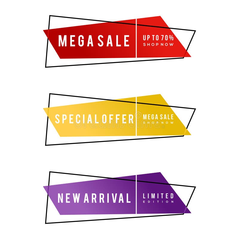 Kolekcja sprzedaży promocji sztandar, Mega sprzedaż, oferta specjalna, Nowy przyjazd, 70% daleko, Limitowany wydanie ilustracja wektor Kolekcja sprzedaży promocji sztandar, Mega sprzedaż, oferta specjalna, Nowy przyjazd, 70% daleko, Limitowany wydanie ilustracja wektor