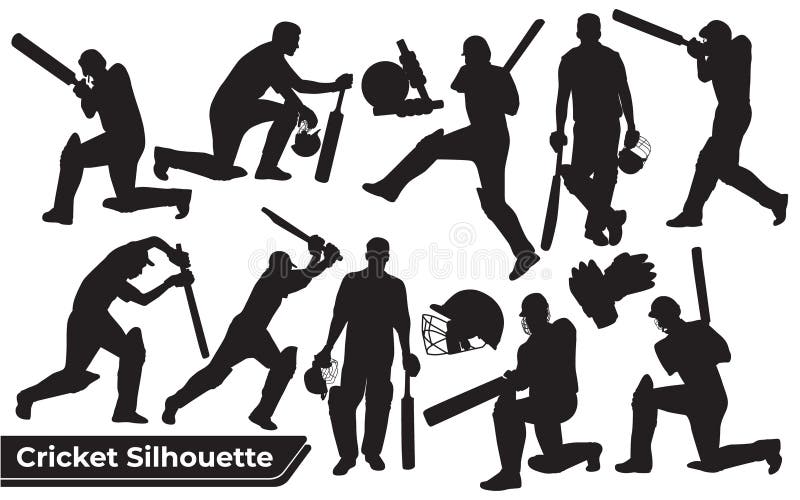 Collection of Cricket player silhouettes in different poses You will receive in the format 1. Adobe Illustrator File (Ai) 2. Encapsulated PostScript (Eps) 3. Scalable Vector Graphics (SVG) 4. Portable Document Format (PDF) 5. Joint Photographic Group (Jpg). Collection of Cricket player silhouettes in different poses You will receive in the format 1. Adobe Illustrator File (Ai) 2. Encapsulated PostScript (Eps) 3. Scalable Vector Graphics (SVG) 4. Portable Document Format (PDF) 5. Joint Photographic Group (Jpg)