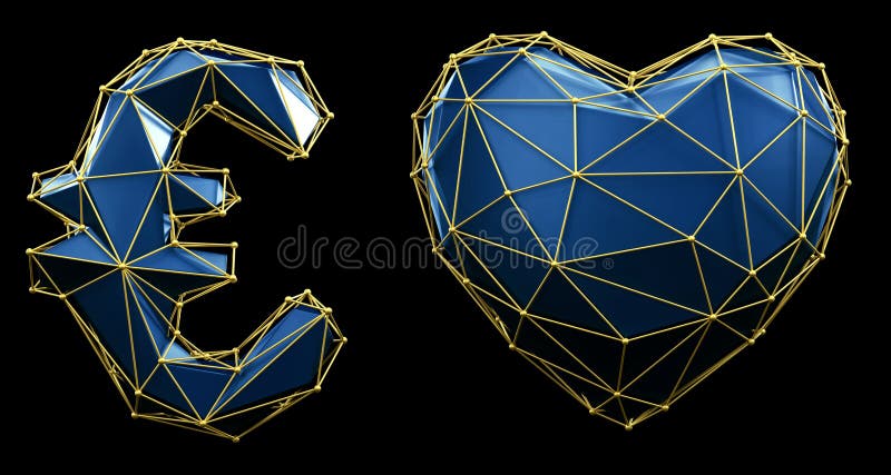 Kolekcja symboli euro i serce wykonane z 3d renderowanych niebieskich kolorów. kolekcja symboli niskiego stylu polskiego ilustracji
