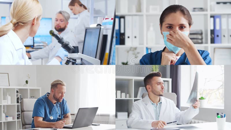 Kolekcja zdjęć przedstawiających specjalistów medycznych i naukowców w laboratoriach i chirurgii podkreślających innowacyjność pra zdjęcie wideo