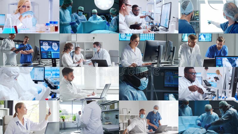 Kolekcja zdjęć przedstawiających specjalistów medycznych i naukowców w laboratoriach i chirurgii podkreślających innowacyjność pra zdjęcie wideo