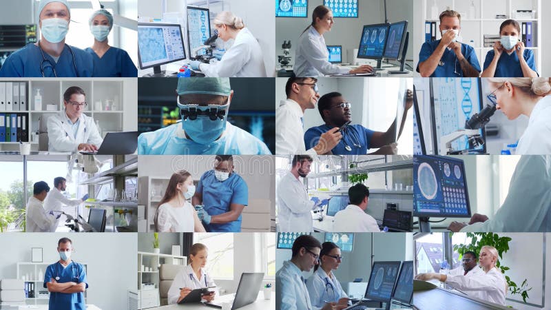 Kolekcja zdjęć przedstawiających specjalistów medycznych i naukowców w laboratoriach i chirurgii podkreślających innowacyjność pra zbiory wideo