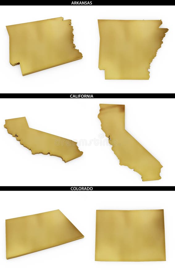 Kolekcja złoci kształty od USA amerykańskich stanów Arkansas, Kalifornia, Kolorado ilustracji Kolekcja złoci kształty od USA amerykańskich stanów Arkansas, Kalifornia, Kolorado ilustracji