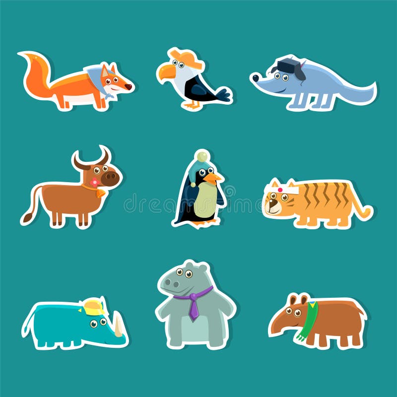 Kolekcja Ślicznej kreskówki Zwierzęcy majchery, Fox, pieprzojad, wilk, krowa, pingwin, tygrys, nosorożec, hipopotam, Aardvark wek royalty ilustracja