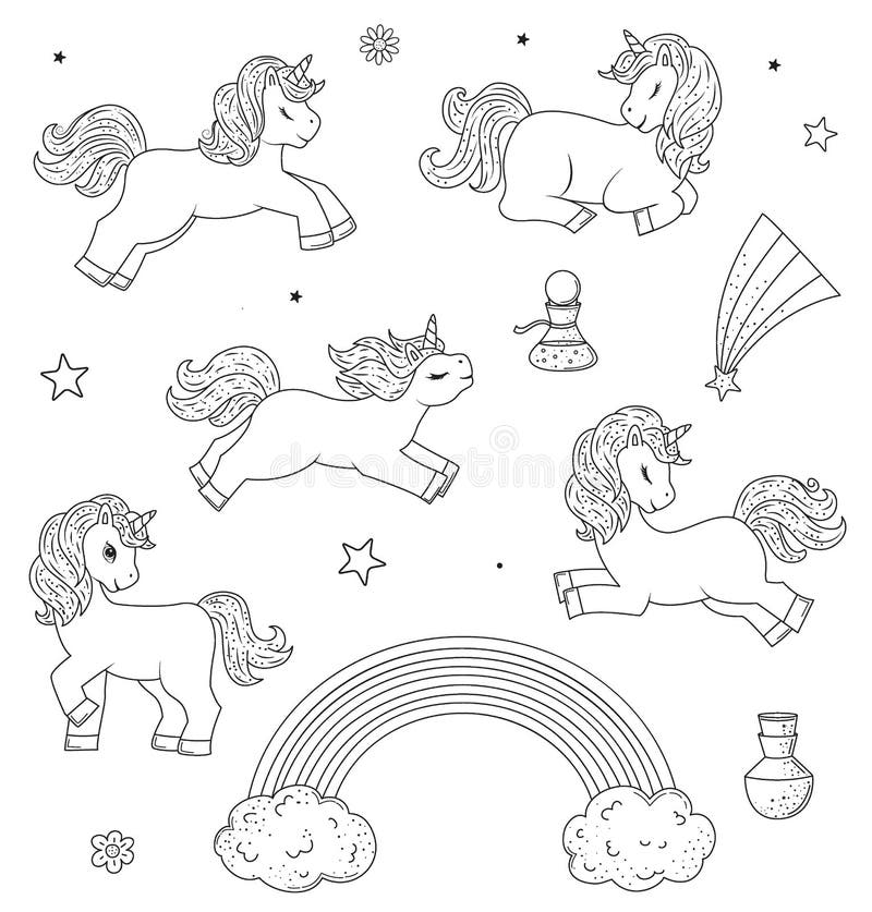 Kolekcja śliczni konturu doodle jednorożec sen R? ka rysuj? cy elementy royalty ilustracja