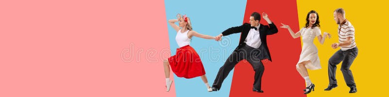 Kollage. attraktiva par män och kvinnor som glatt dansar retrodansstilar över flerfärgad bakgrund arkivbilder