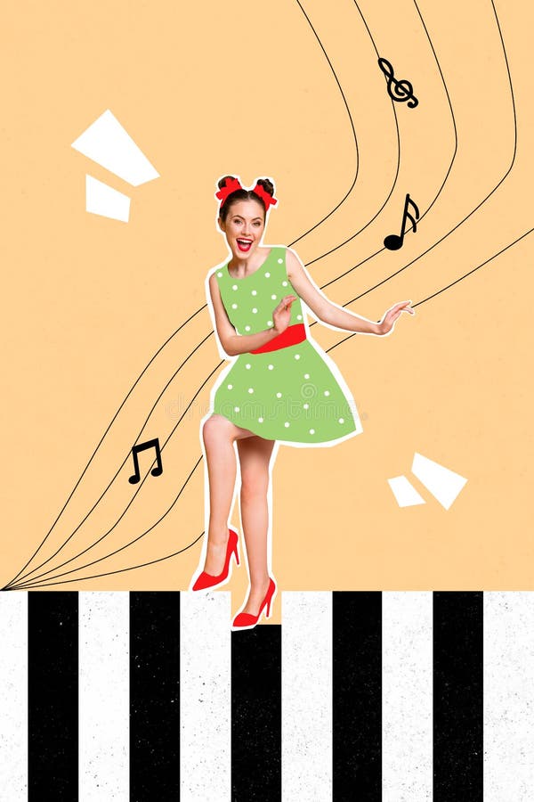 Kollage 3d-bild av popup-reflexsketch av rolig, söt, snygg återpassning av ung kvinna som dansar stora pianonycklar njuter av melodi play.