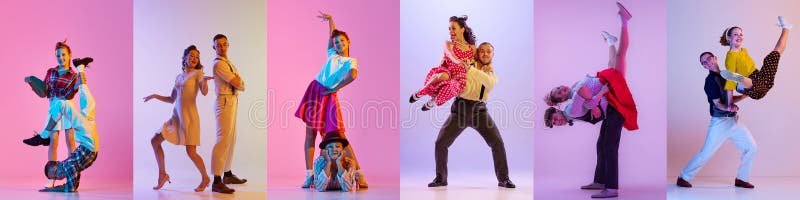 Kollage. Eleganta män och kvinnor som dansar i kläder med flerfärgad bakgrund i nyljus. årgång royaltyfri foto