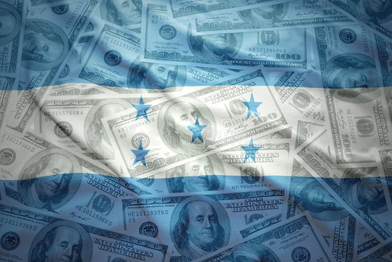 Kolorowa falowania honduran flaga na dolarowym pieniądze tle zdjęcia royalty free Kolorowa falowania honduran flaga na dolarowym pieniądze tle zdjęcia royalty free