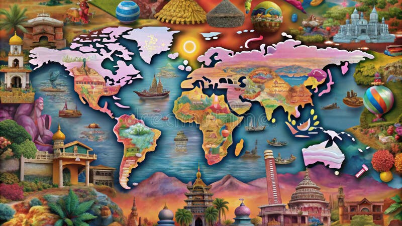 Kolorowa i żywa mapa świata z ikonami reprezentującymi różne kultury i punkty orientacyjne ilustracji