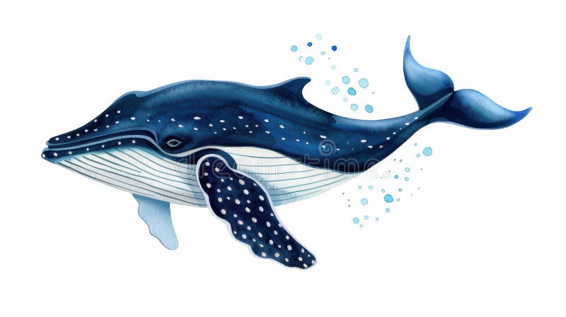 Kolorowa ilustracja błękitnego wieloryba przynosi kaprysy i urok do każdego projektu idealnego dla pokoi dziecięcych lub materiałó. Ten zabawny akwarela przedstawia błękitnego wieloryba świętującego piękno życia morskiego, dodając plusk koloru do kolekcji sztuki.