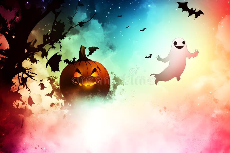 Kolorowa ilustracja o tematyce halloweenthemed przedstawiająca dynię duch i nietoperze. Kolorowa ilustracja o tematyce halloweenthemed przedstawiająca ducha dyni i nietoperze wizualnie uderzające w tło