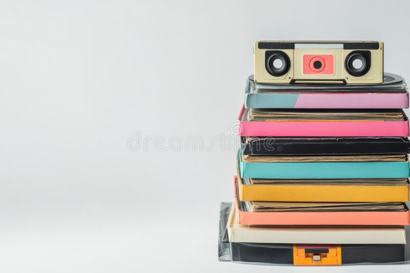 Kolorowa kolekcja płyt winylowych i kaset retro z wzorami inspirowanymi K pop. Generacyjna AI fotografia stock