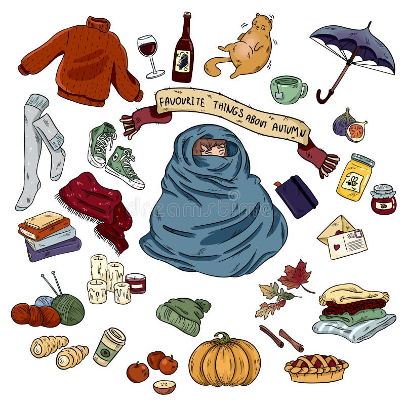 Kolorowa ręka rysująca doodle majcherów kreskówka ustawiająca jesień symbole i przedmioty royalty ilustracja Kolorowa ręka rysująca doodle majcherów kreskówka ustawiająca jesień symbole i przedmioty royalty ilustracja