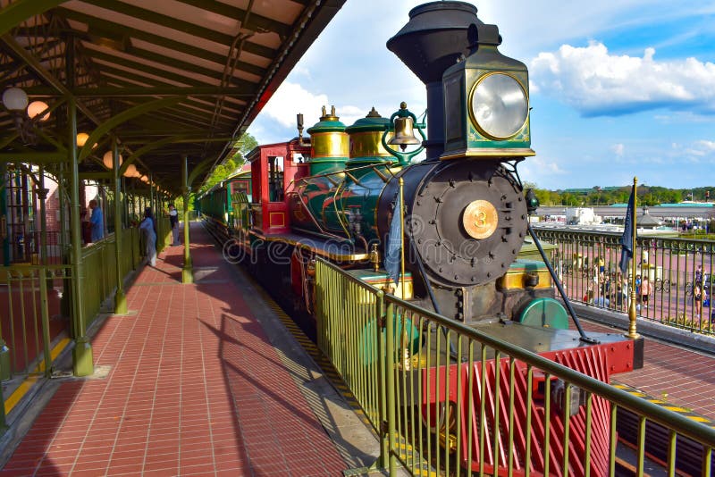 Orlando, Florida. March 19, 2019. Colorful Walt Disney World Railroad  in Magic Kingdom 1. Orlando, Florida. March 19, 2019. Colorful Walt Disney World Railroad  in Magic Kingdom 1