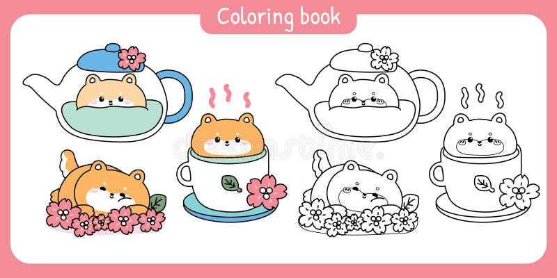 Kolorowanki stronyZestaw słodkich herbaty shiba inu pies popołudniowa herbata imprezaKubek herbaty zielonej matcha ilustracja wektor