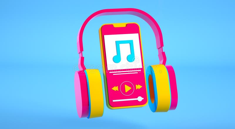 Kolorowe bezprzewodowe słuchawki i smartfon 3d renderują niebieskie tło ilustracja wektor