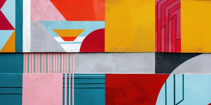 Kolorowe geometryczne dzieło sztuki ulicznej mural vibrate abstract kształtuje jasne kolory miejski malarstwo ścienne współczesny ilustracji