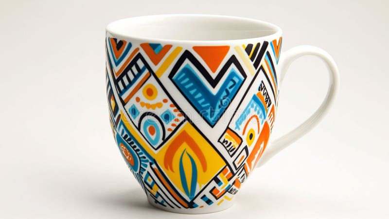 Kolorowe Geometryczne Mug Design A Vibrant Ethnic Patterned Coffee or Tea Cup. Stylowy kubek z żywym wzornictwem geometrycznym i etnicznym Idealny do dodawania koloru do kuchni.