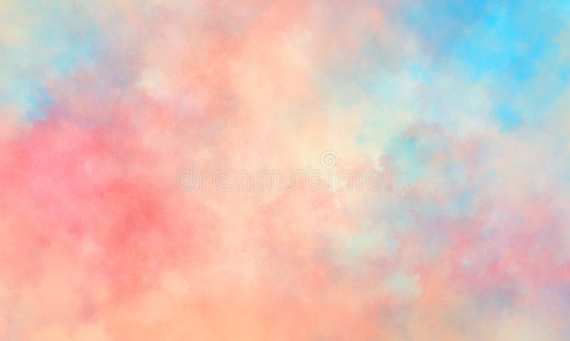 Kolorowe tło akwarelowe abstrakcyjnego nieba zachodu słońca z puffy w jaskrawo pomalowanych kolorach różowego błękitu i bieli