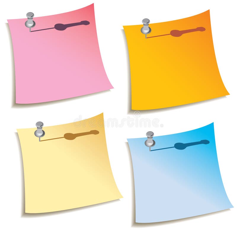 An illustrated background of four pinned blank notes in different colors, isolated on a white background. An illustrated background of four pinned blank notes in different colors, isolated on a white background