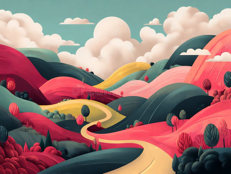 Kolorowe wzgórza abstrakcyjne i drzewa krajobraz z chmurnym niebem i zwijającymi ścieżkami w stylu surrealistycznym. ilustracji