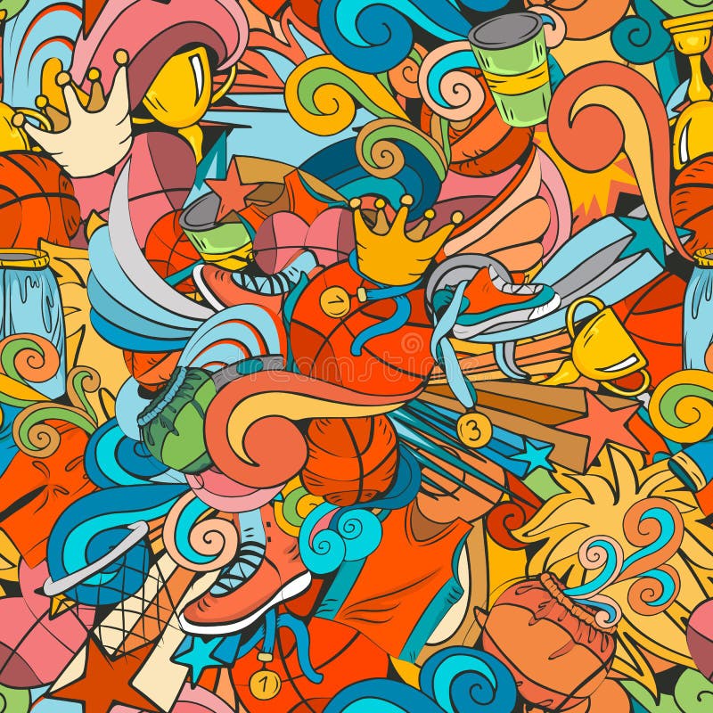 Kolorowego sporta bezszwowy wzór z koszykówki doodle protestuje ilustracja wektor Kolorowego sporta bezszwowy wzór z koszykówki doodle protestuje ilustracja wektor