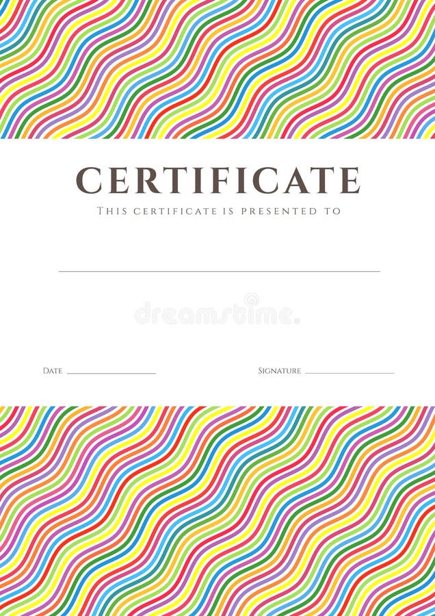 Certificate of completion (template or sample background) with colorful (bright, rainbow) wave lines pattern and place for text. Design for diploma, invitation, gift voucher, ticket, awards. Also useful for: Degree certificate, Business Education (Courses), Certificate of Achievement, Competitions, Certificate of Authenticity, Graduation Certificate, Sport certificate, Certificate of Honor, School awards, Music (Language) lessons. Vector. Certificate of completion (template or sample background) with colorful (bright, rainbow) wave lines pattern and place for text. Design for diploma, invitation, gift voucher, ticket, awards. Also useful for: Degree certificate, Business Education (Courses), Certificate of Achievement, Competitions, Certificate of Authenticity, Graduation Certificate, Sport certificate, Certificate of Honor, School awards, Music (Language) lessons. Vector