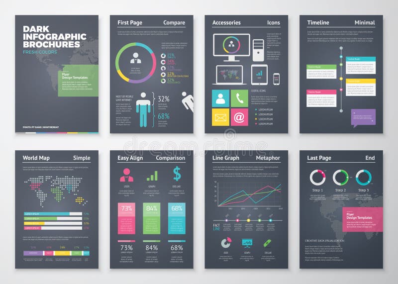 Kolorowi płascy infographic szablony na czarnym tle royalty ilustracja Kolorowi płascy infographic szablony na czarnym tle royalty ilustracja